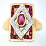 A 9K YELLOW GOLD VINTAGE DIAMOND & RUBY RING. Size M, 4.3g total weight. Ref: SC 8037