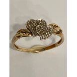 Unusual and interesting 9 carat GOLD RING with 2 x DIAMOND ENCRUSTED HEARTS mounted to top.