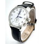 A German Made Zeppelin Dual Time Gents Quartz Watch. Black leather strap. Stainless steel case -