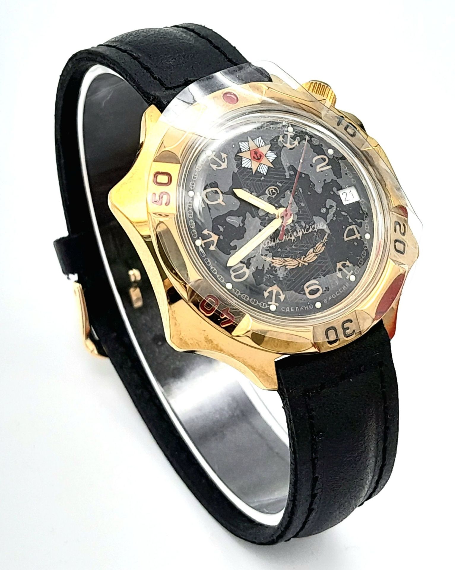 A Vostok Automatic Gents Watch. Black leather strap. Stainless steel gilded case - 40mm. Black - Image 3 of 6
