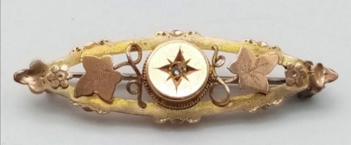 An antique 9 K yellow gold brooch with an old cut diamond, length: 45 mm, weight: 2.5 g.