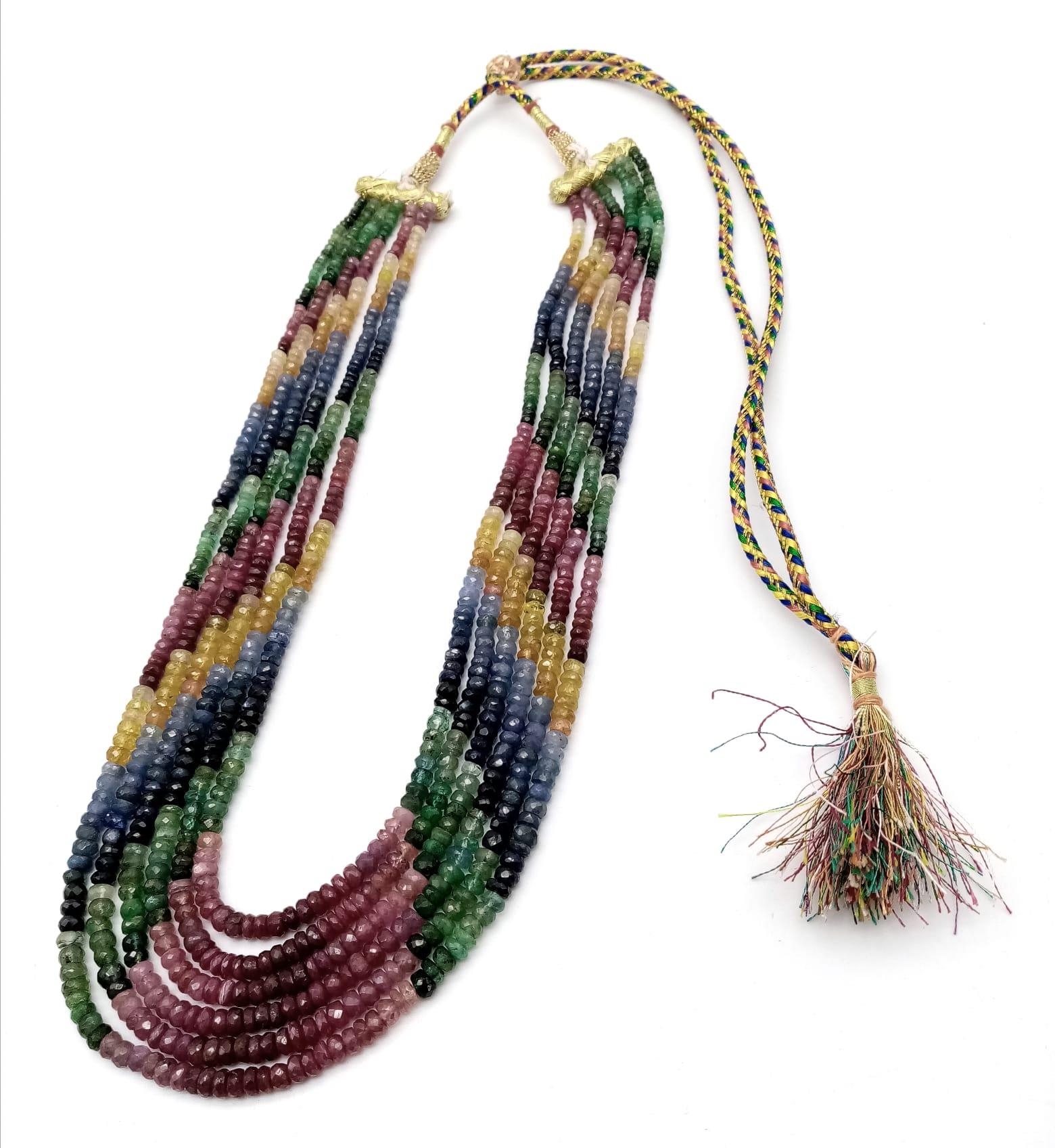 A fabulous 420ctw Ruby, Emerald and Sapphire multi-strain necklace with Asian embroidered - Image 3 of 5