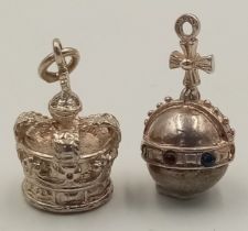 2 X STERLING SILVER ROYA THEMED CHARMS - CROWN AND SOVEREIGN'S ORB. Both 2cm length, 5.1g total