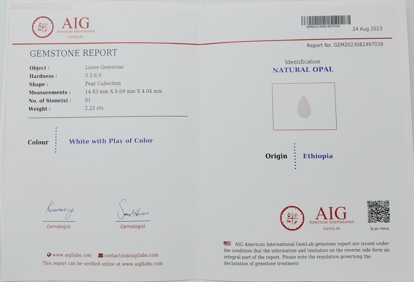 A 2.25ct Ethiopian Opal Gemstone - AIG Certified in a Sealed Box. - Bild 3 aus 3