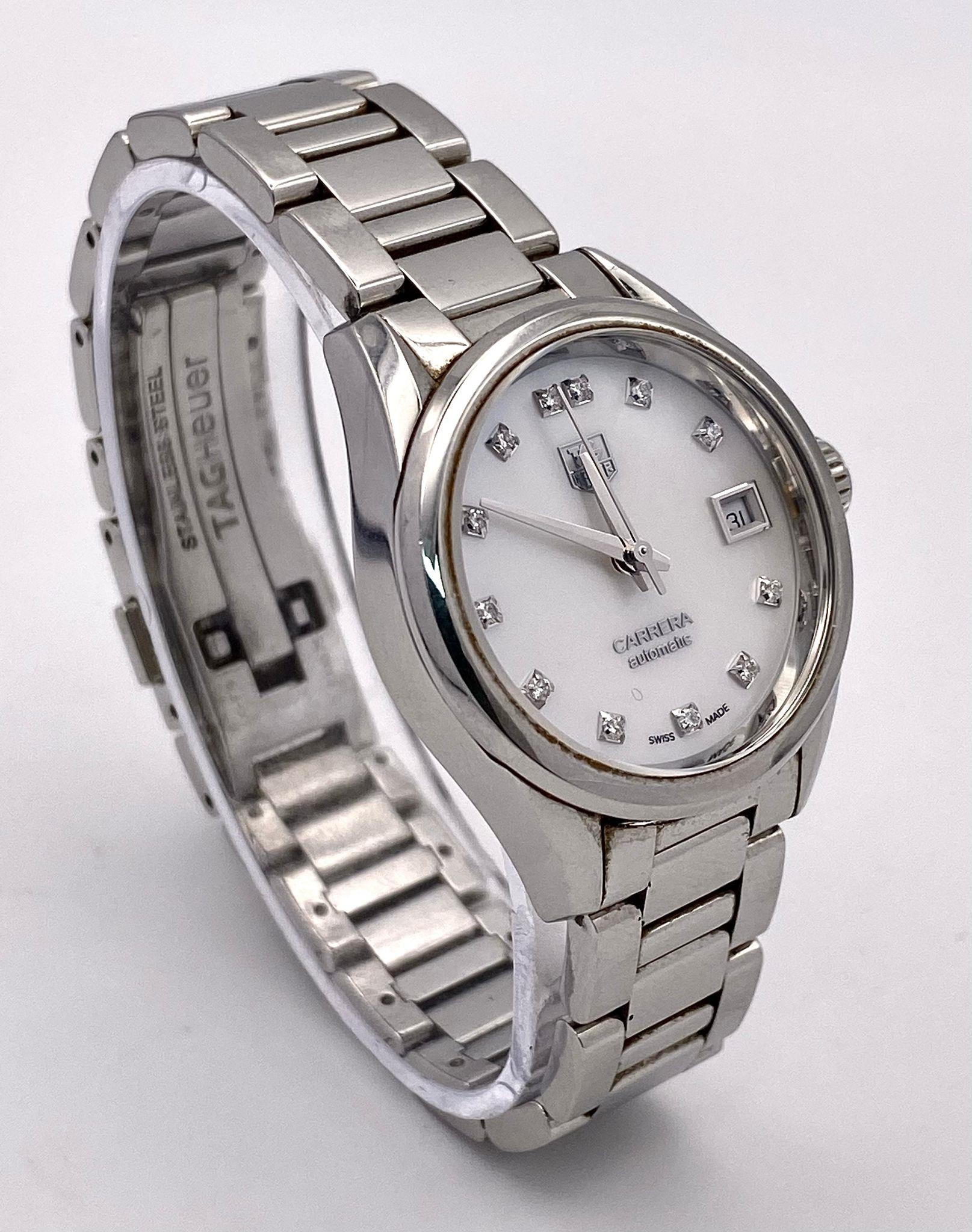 A Tag Heuer Carrera Diamond Ladies Automatic Watch. Stainless steel bracelet and case - 28mm. Mother - Image 3 of 10