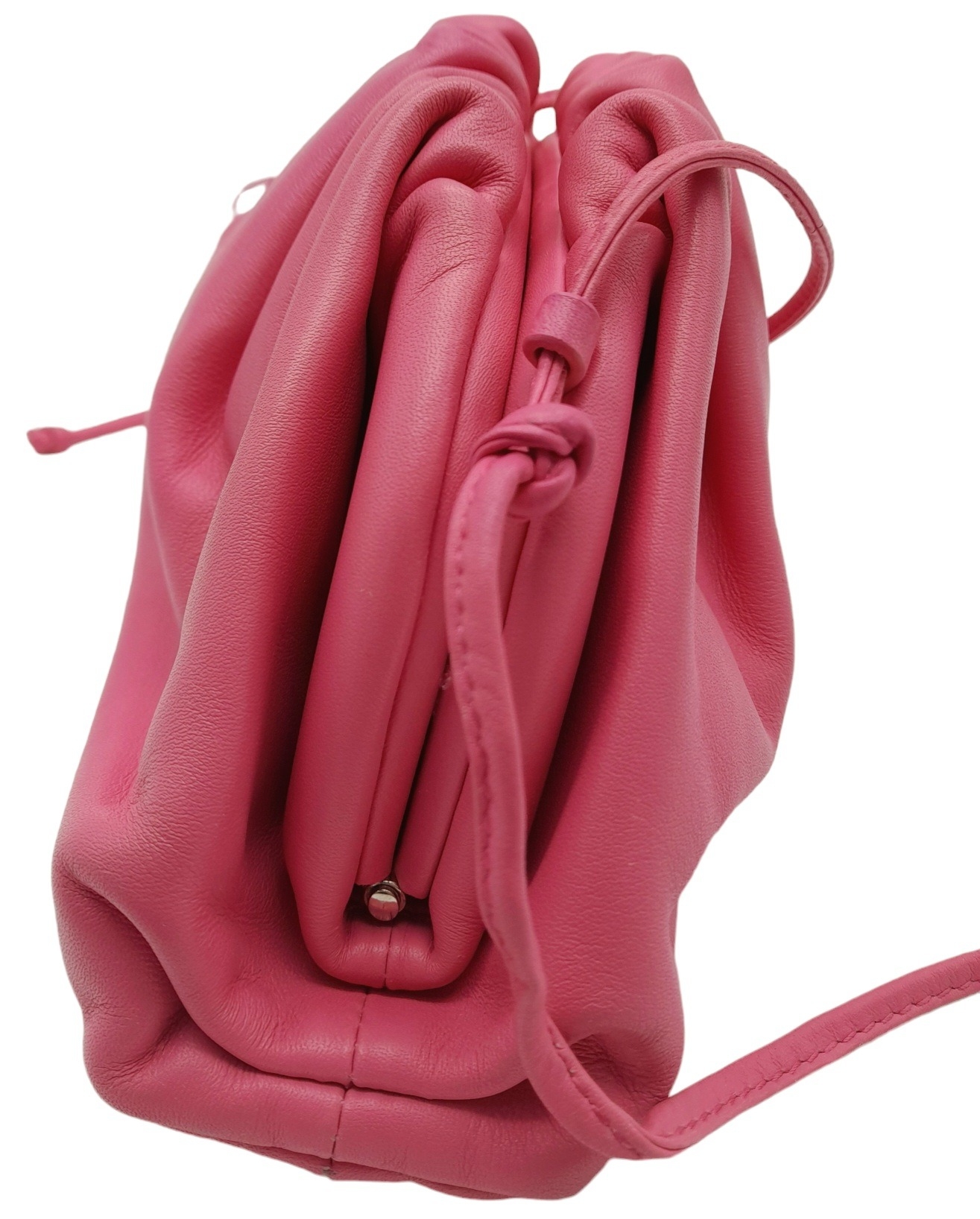 A Bottega Veneta Pink Mini Pouch Bag. Leather exterior with thin strap and magnetic closure. Pink - Image 8 of 9