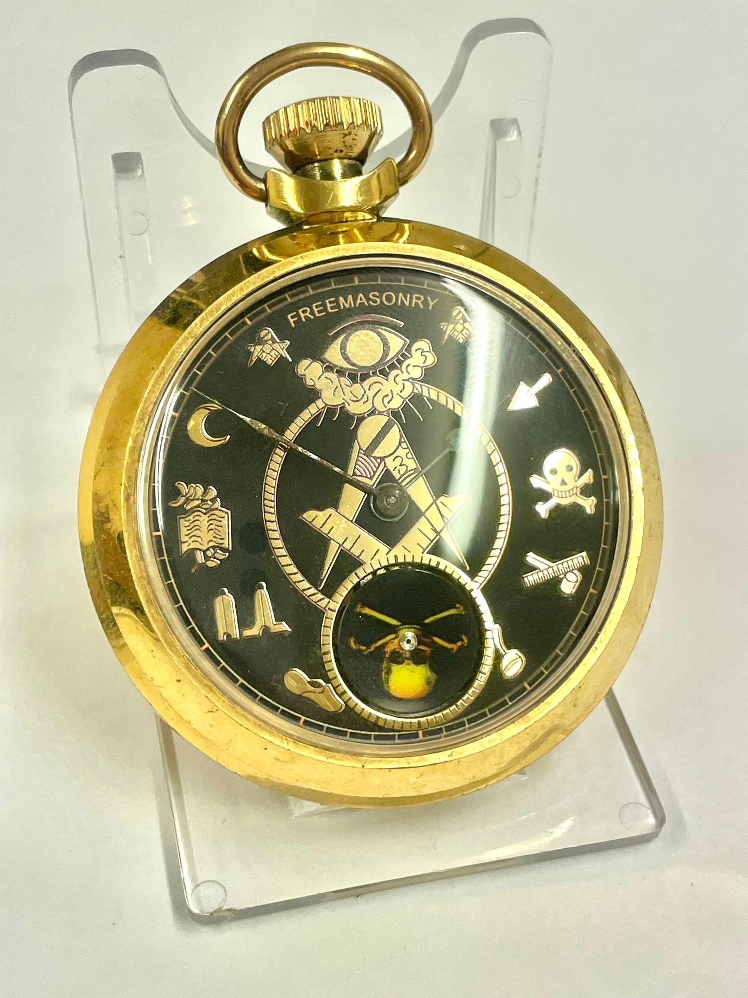 Vintage Masonic automaton pocket watch , rotating skull on disk as watch ticks . Working - Image 2 of 6