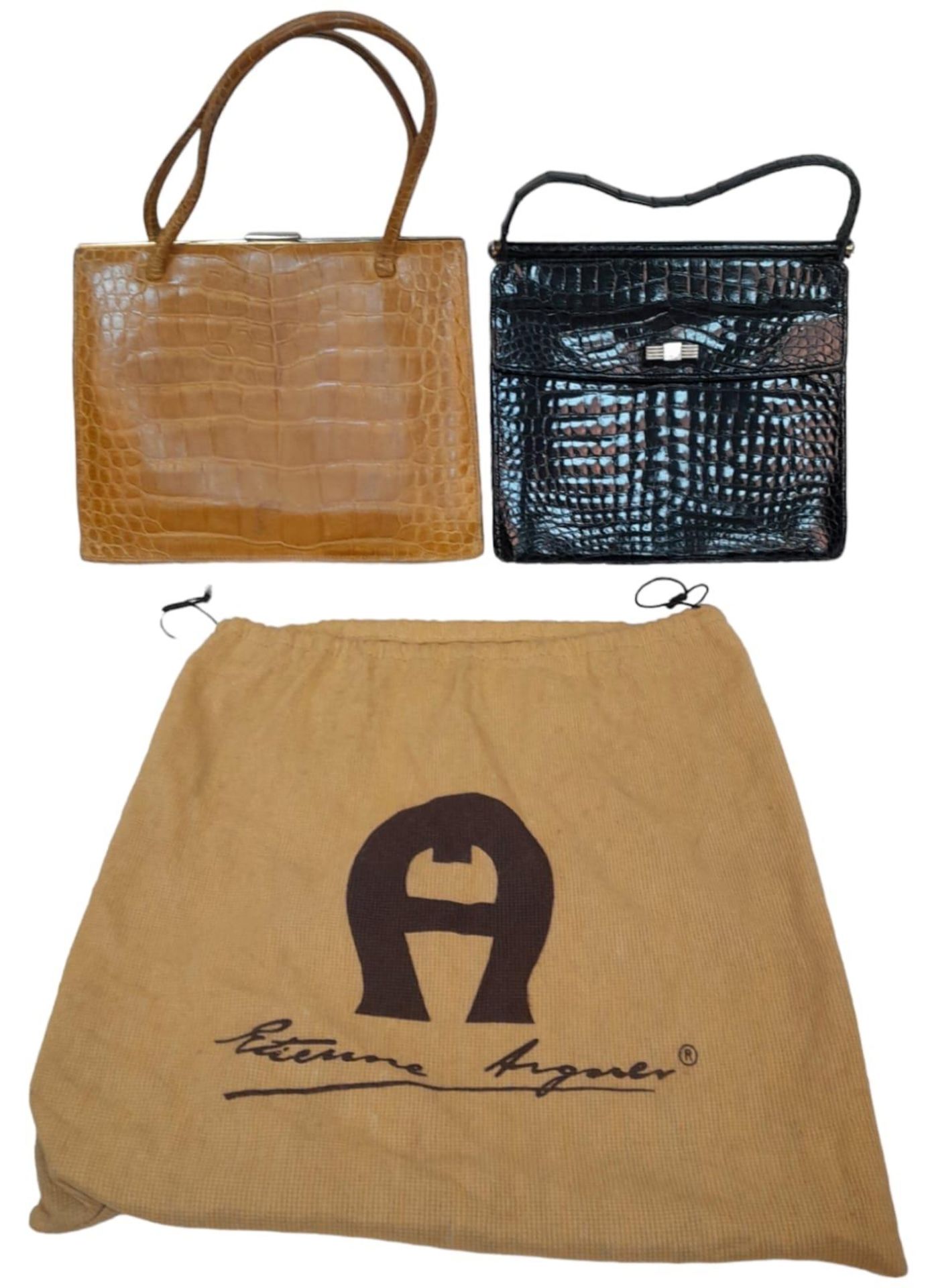 Two Crocodile Leather Hand Bags. Black crocodile bag has gold-toned hardware, a single strap and - Bild 3 aus 6