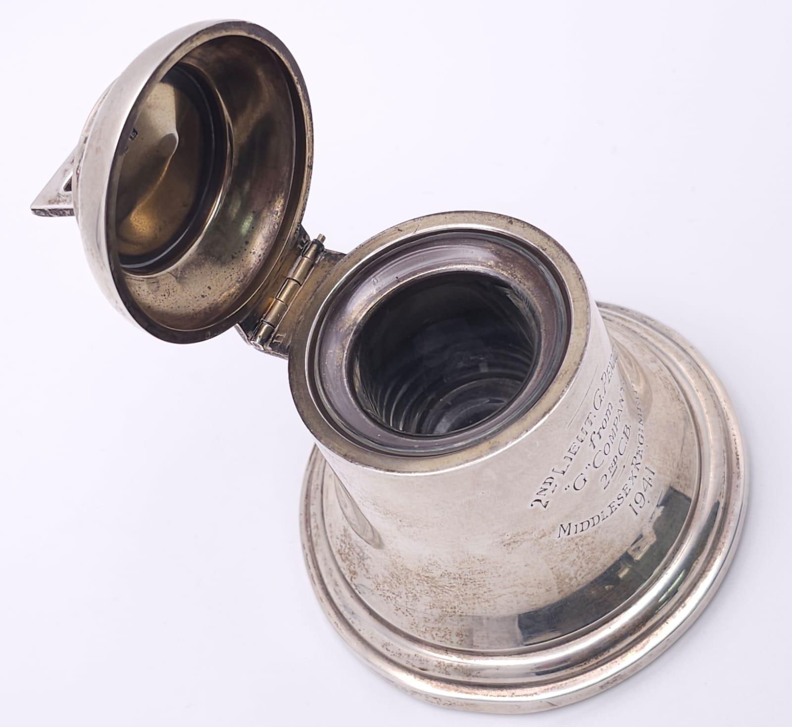 A WW2 Era Silver Inkwell in the Form of a Bell - Dedicated to 2nd Lieutenant G. Pendred from 'G' - Image 8 of 10