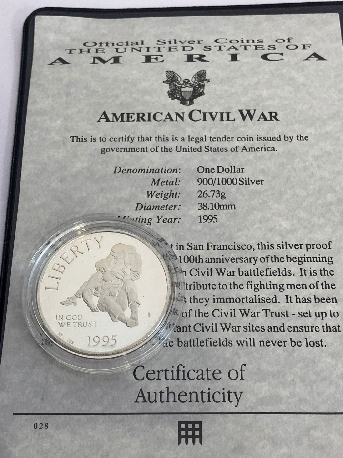 1995 SILVER ‘CIVIL WAR’ DOLLAR. San Francisco mint. Complete with certificate of authenticity. - Bild 6 aus 10