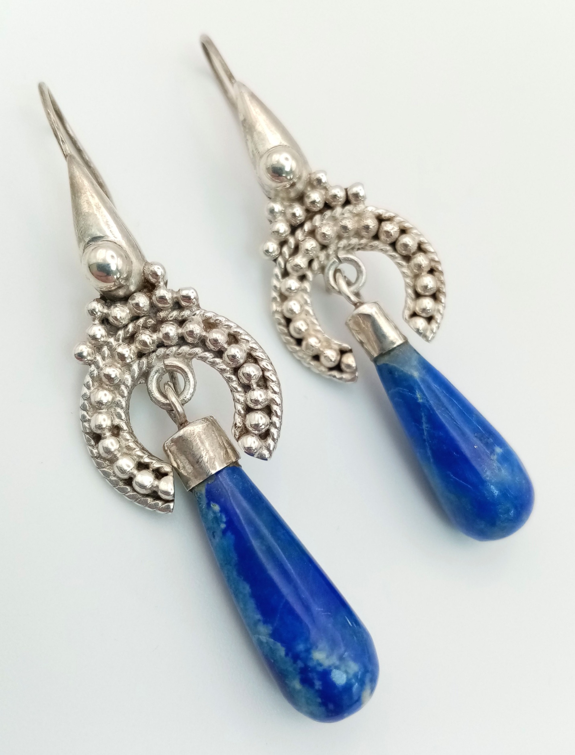 A Pair of Silver Lapis Lazuli Teardrop Earrings. 5cm drop