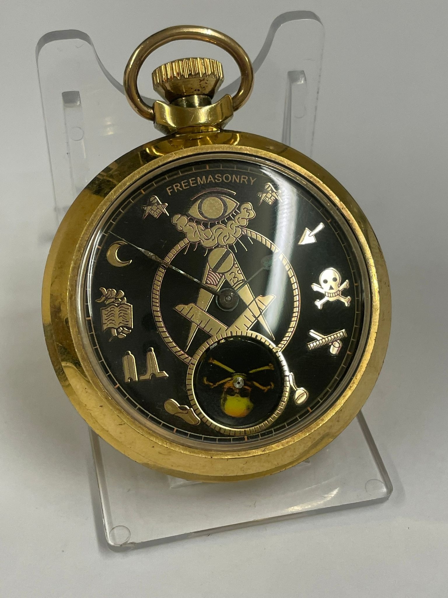 Vintage Masonic automaton pocket watch , rotating skull on disk as watch ticks . Working - Image 6 of 6