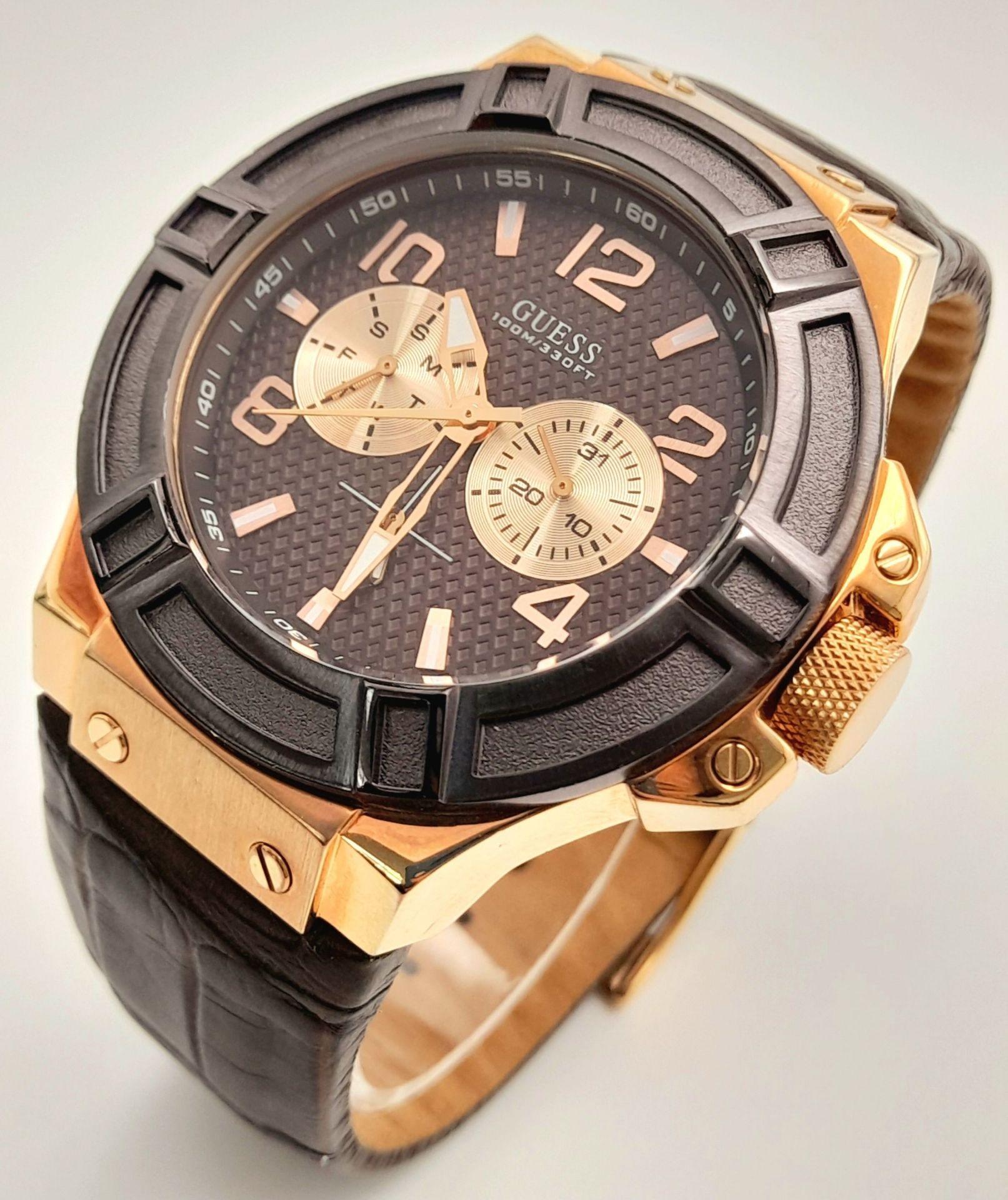 A Men’s Rose Gold-Toned Sports Fashion Watch by Guess (45mm Case). Full Working Order. - Image 6 of 6