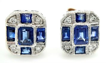 An Exquisite Pair of Vintage 9K White Gold, Diamond and Sapphire Art Deco Design Stud Earrings.