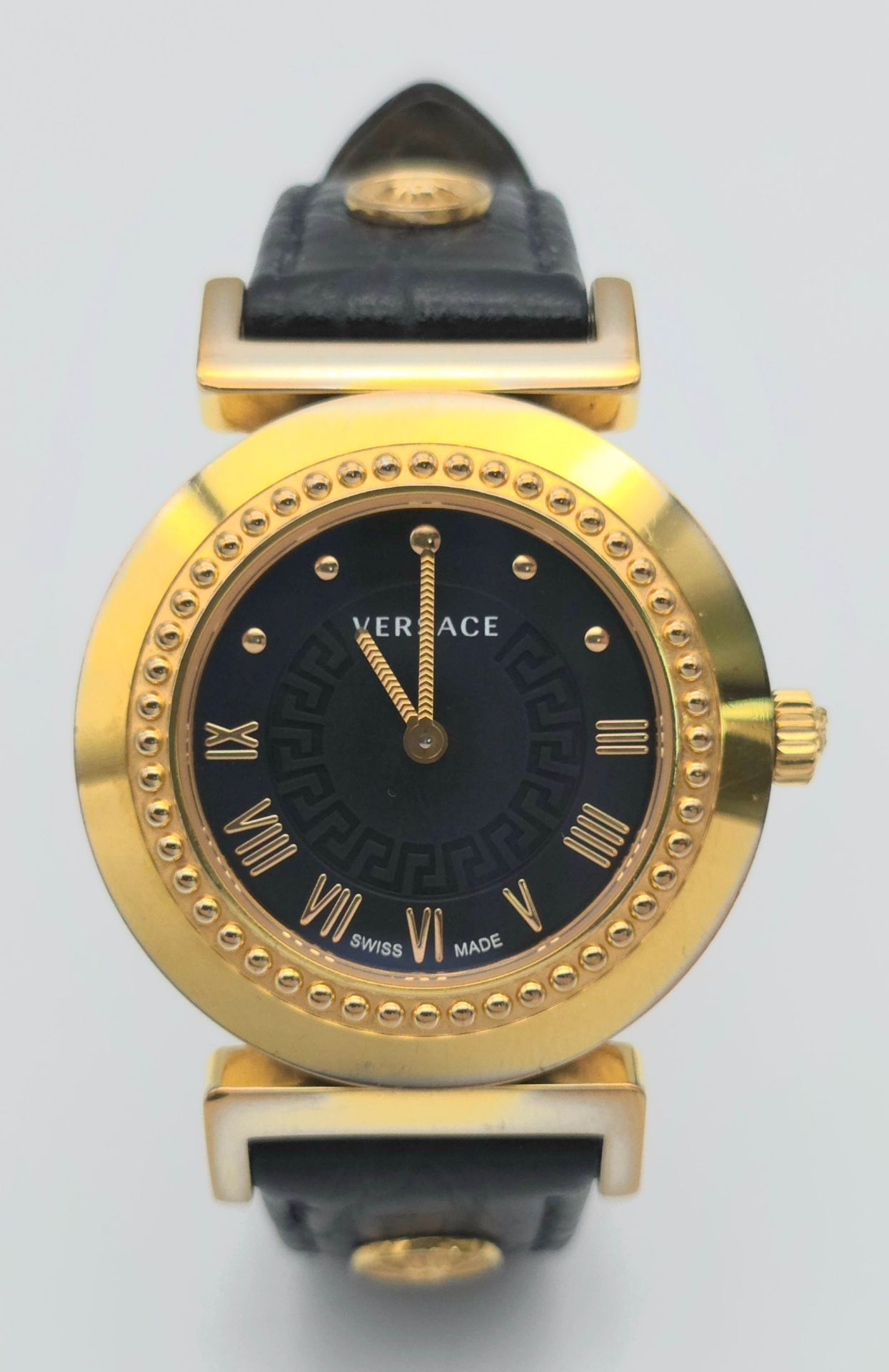 A Versace Designer Quartz Ladies Watch. Black leather and gilded strap and case - 35mm. Black dial - Image 2 of 8