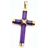 A 9K Yellow Gold Amethyst Cross Pendant. 4.9cm length, 2.3g total weight.