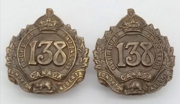 WW1 Canadian Expeditionary Force Collar Badges.138th Battalion Edmonton, Alberta Regiment.