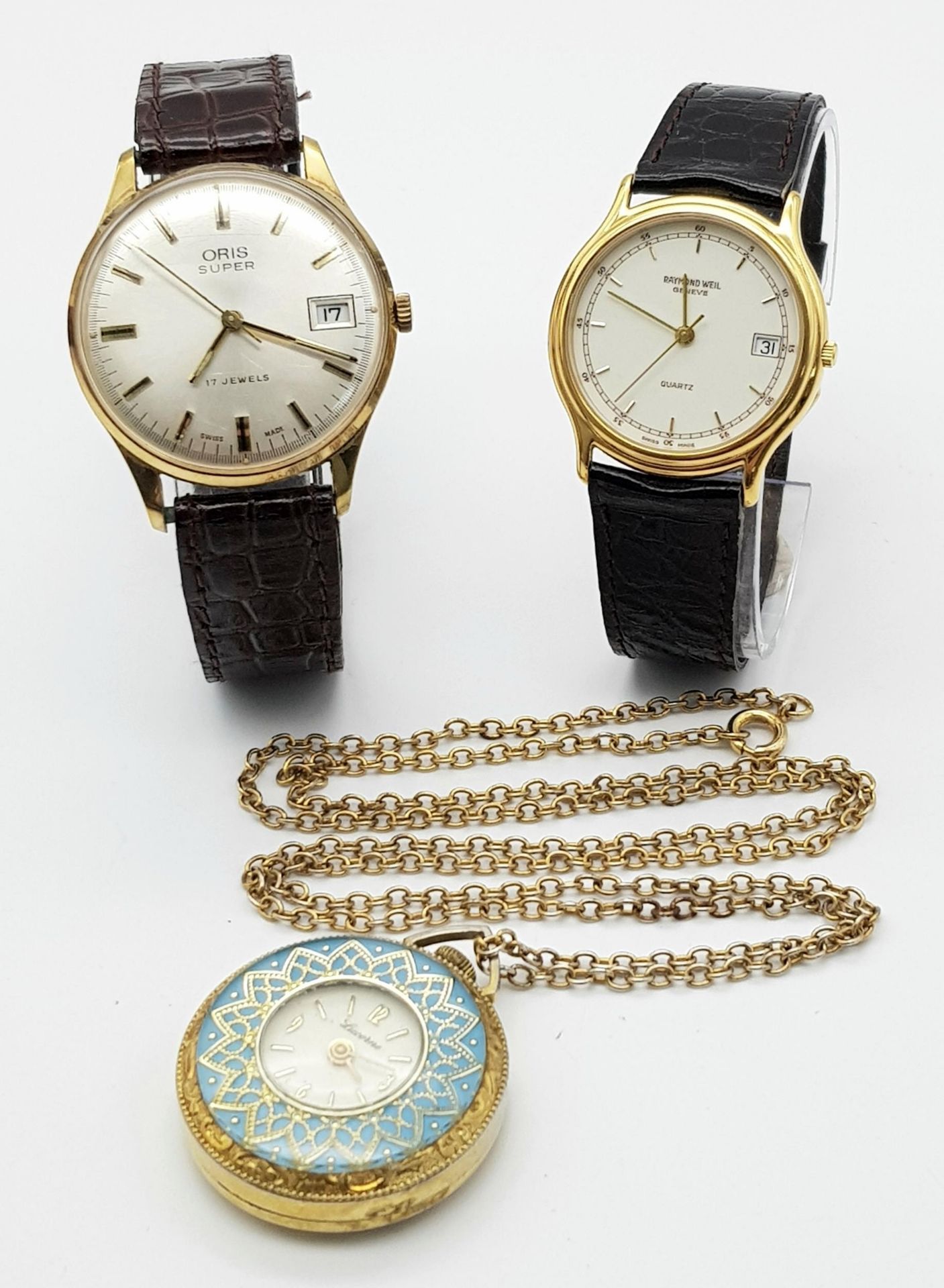 Three Vintage Watches: An Oris Super 17 jewels - working. A Miniature Lucerne Pocket Watch on a