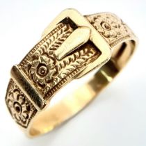 A 9 K yellow gold ornate ring with belt and Buckle design, size: Y, weight: 4 g.
