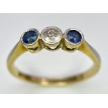 AN 18K YELLOW GOLD DIAMOND & SAPPHIRE 3 STONE RING. Size N, 2.6g total weight. Ref: SC 8059