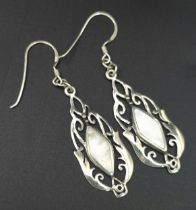A Vintage Pair of Mother of Pearl Set Filigree Earrings. 5cm Drop. 1.5cm Wide at widest point.