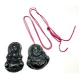 2 x Black Onyx Buddha Pendants - Buddha and Laughing Buddha. 4.5cm and 4cm length. 25g total weight.