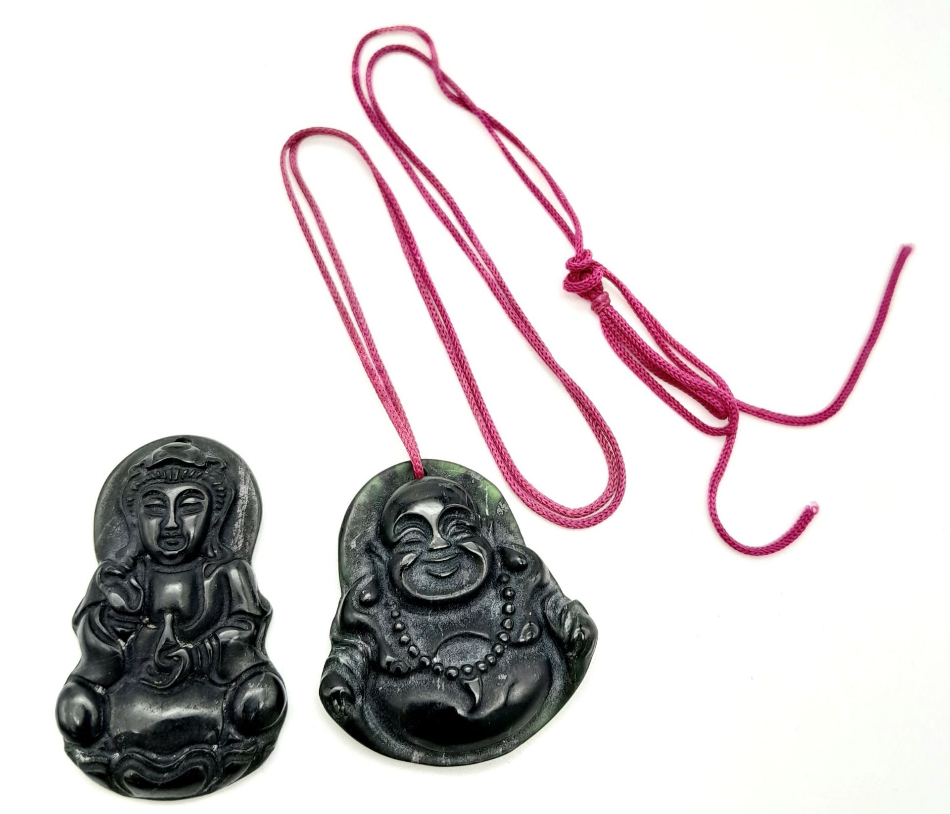2 x Black Onyx Buddha Pendants - Buddha and Laughing Buddha. 4.5cm and 4cm length. 25g total weight.