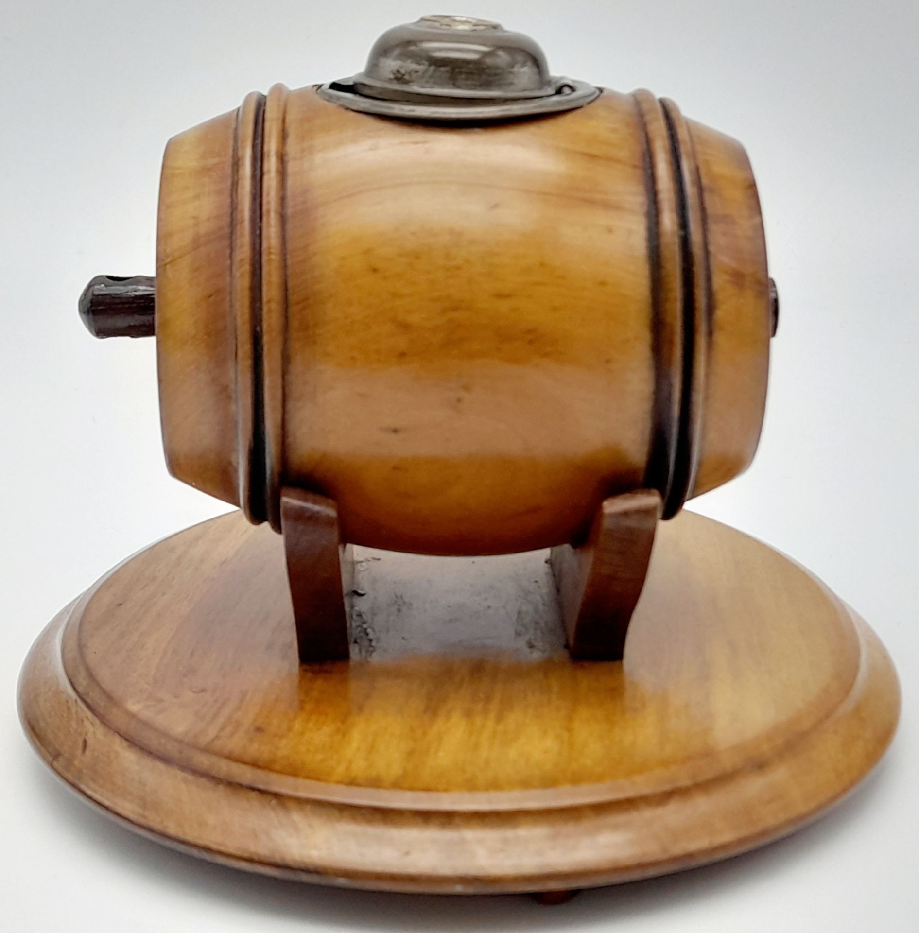 A Victorian Inkwell in the Form of a Whisky Wooden Barrel. Base - 13cm diameter. 10cm height. - Image 2 of 4