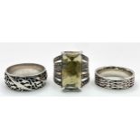 Three Different Style 925 Silver Rings. Sizes: 2 x R, 1 x U.