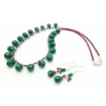 A 160ctw Emerald Teardrop Necklace with Ruby Spacer Beads And a Pair Matching Drop Earrings. 44cm