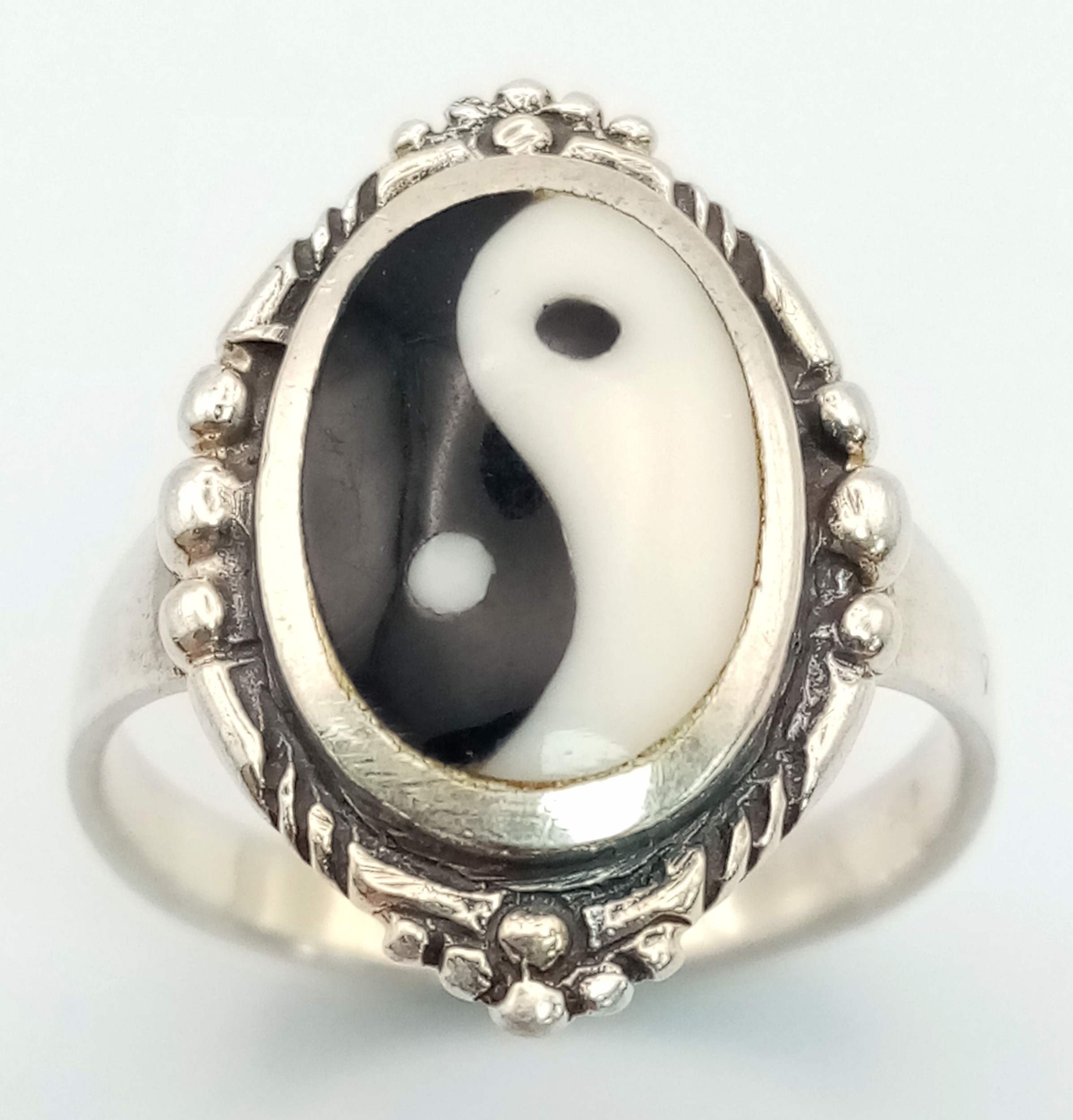 A Vintage Sterling Silver Yin-Yang Ring. Size N. Measures 2cm Long and the Crown and Weighs 3.5