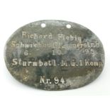 WW1 Imperial German Dog Tag to a soldier who was with No 1 Machine Gun Company.