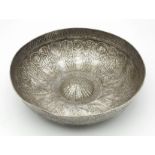 AN ANTIQUE HAND CHASED SILVER "PESACH" WATER BOWL WITH ELABORATE DESIGNS AND WRITING IN HEBREW .