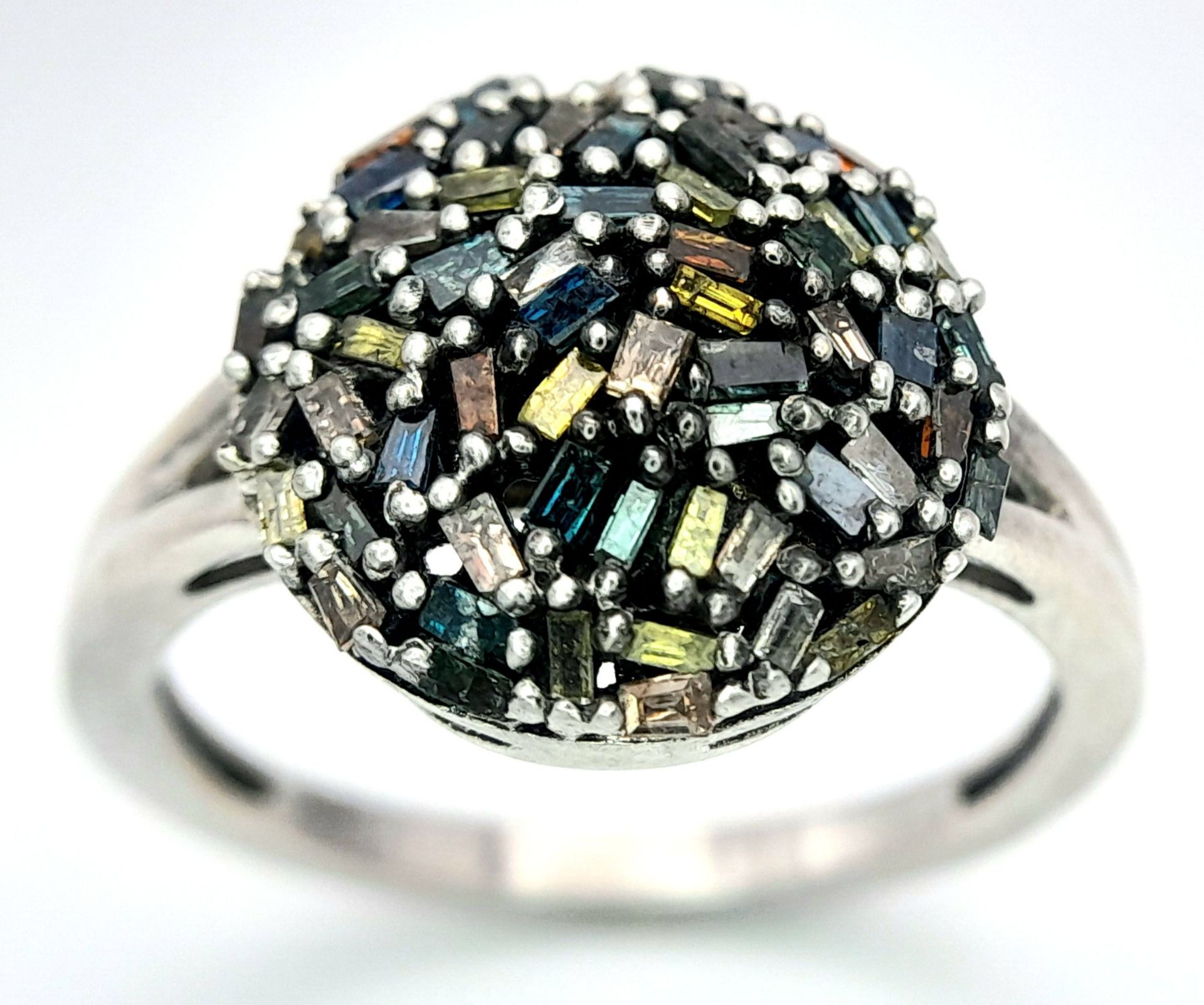 A Fancy Multi-Coloured Diamond 925 Silver Ring. Size T. 4.6g weight. - Image 3 of 6