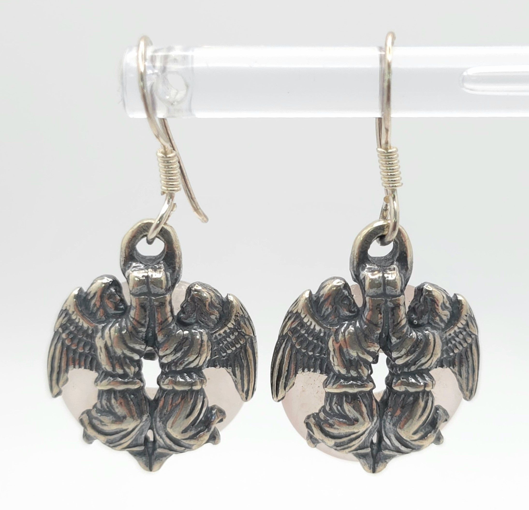 A Unique Pair of Sterling Silver and Rose Quartz Angel Design Earrings. 3cm Drop. 1.5cm Wide. - Image 2 of 5