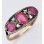 AN 18K (TESTED) YELLOW GOLD & PLATINUM VINTAGE ROSE CUT DIAMOND & RUBY RING. Size N, 1.8g total