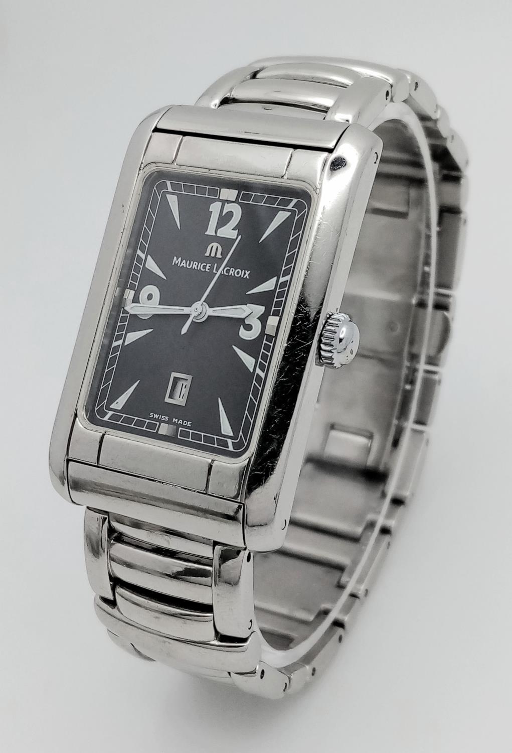 A Maurice Lacroix Quartz Unisex Watch. Stainless steel bracelet and rectangular case - 25mm. Blue