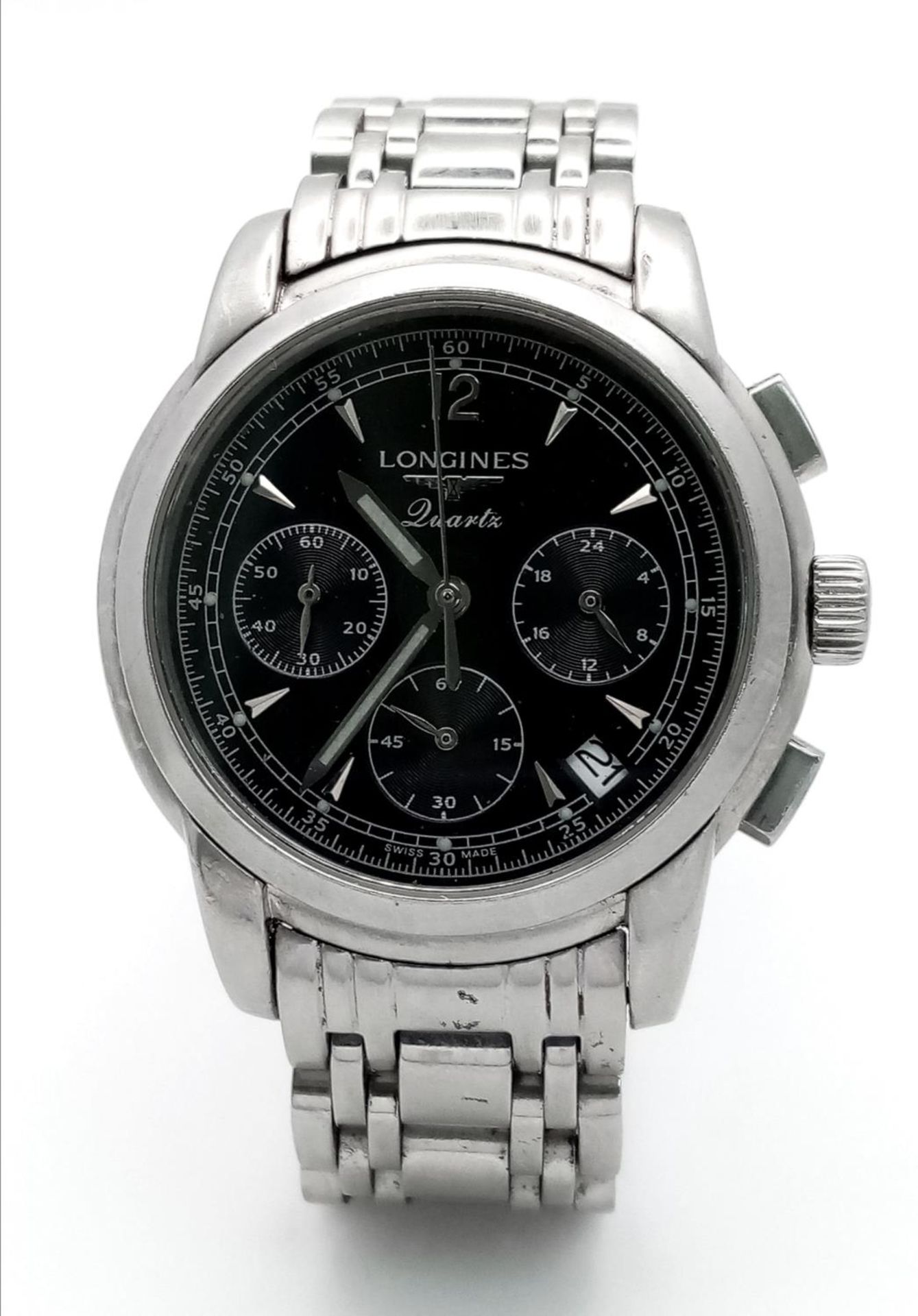 A Longine Quartz Chronograph Gents Watch. Stainless steel bracelet and case - 39mm. Black dial - Image 2 of 9