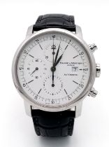 A Baume and Mercier Automatic Gents Watch. Black leather strap. Stainless steel case - 42mm. White