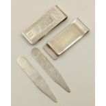 Two Sterling Silver Money Clips and Two Sterling Silver Shirt Collar Inserts. 40g total weight. Ref: