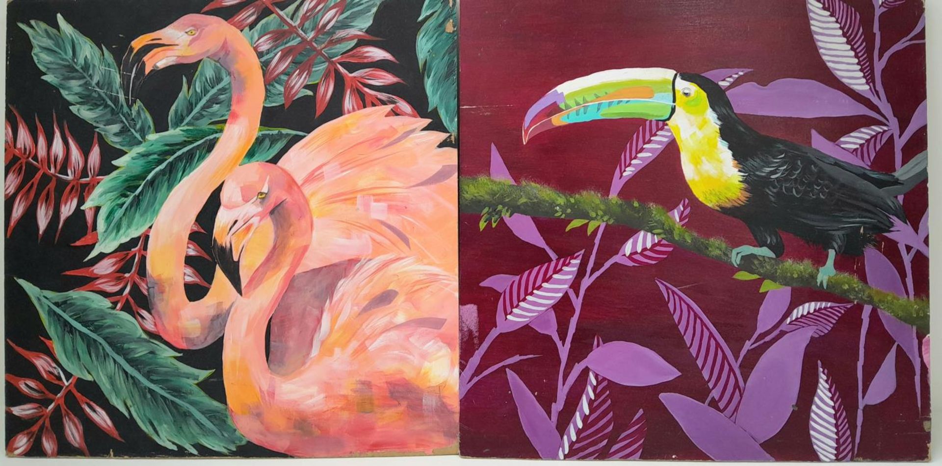 A pair of double sided artworks, acrylic on board, tropical bird design one side, floral decals on - Image 2 of 4