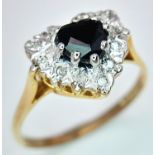 A 9K YELLOW GOLD DIAMOND & SAPPHIRE HEART CLUSTER RING 2.3G SIZE N. ref:SPAS 9005