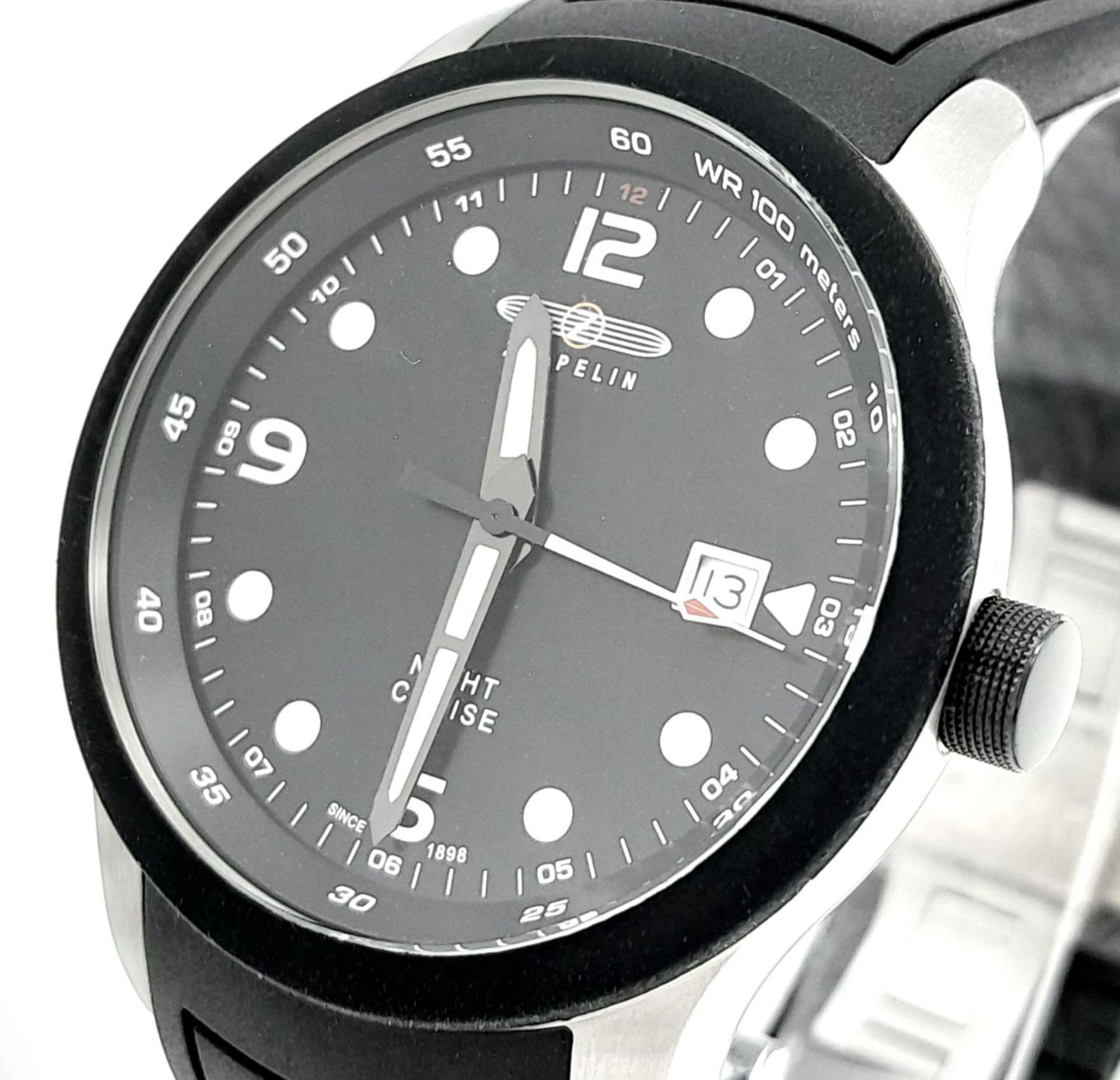 A Zeppelin Night Cruise Quartz Gents Watch. Black rubber strap. Stainless steel case - 42mm. Black - Image 2 of 6