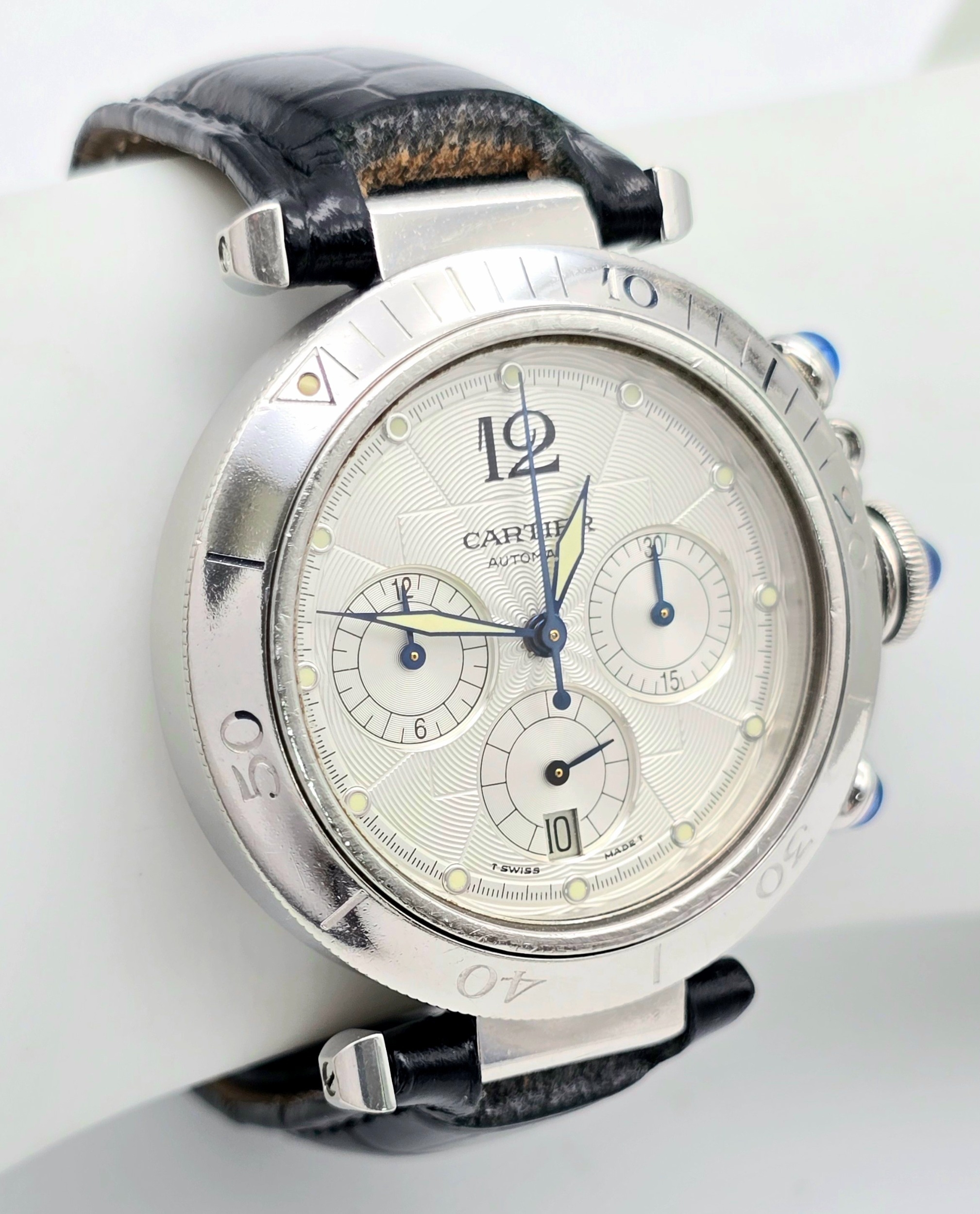 An Automatic Cartier Pasha 2113 Chronograph Gents Watch. Black leather Cartier strap. Stainless - Bild 3 aus 9