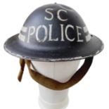 WW2 British Homefront Special Constabulary Police Helmet with chinstrap and liner.1943 Dated.