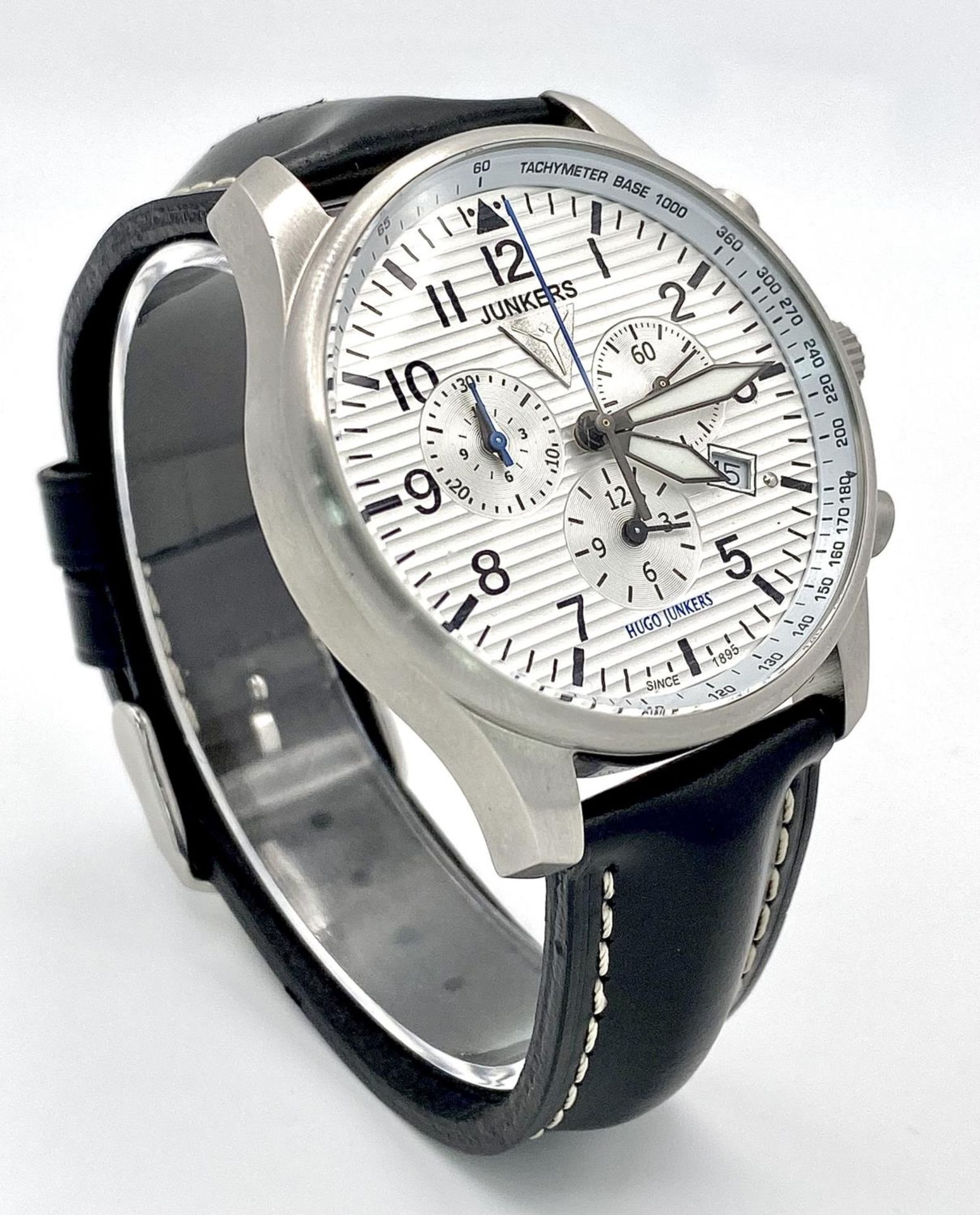 A Junkers Chronograph Quartz Gents Watch. Black leather strap. Stainless steel case - 42mm. White - Image 4 of 7