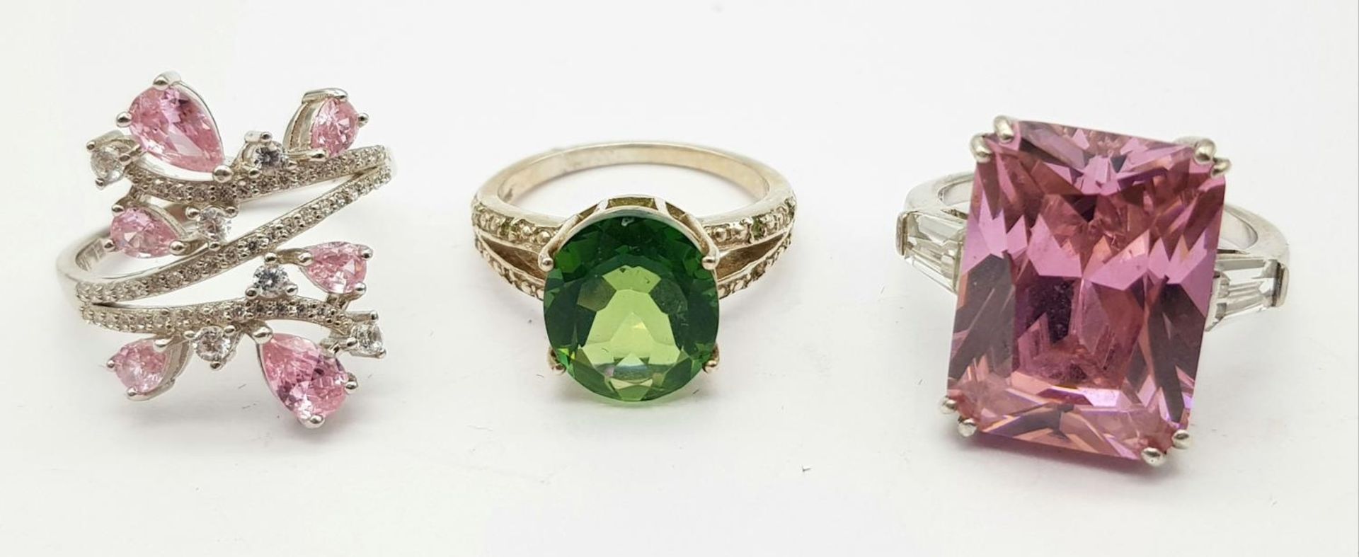 Three 925 Silver Different Style Stone Set Rings. Sizes: L, O and R.