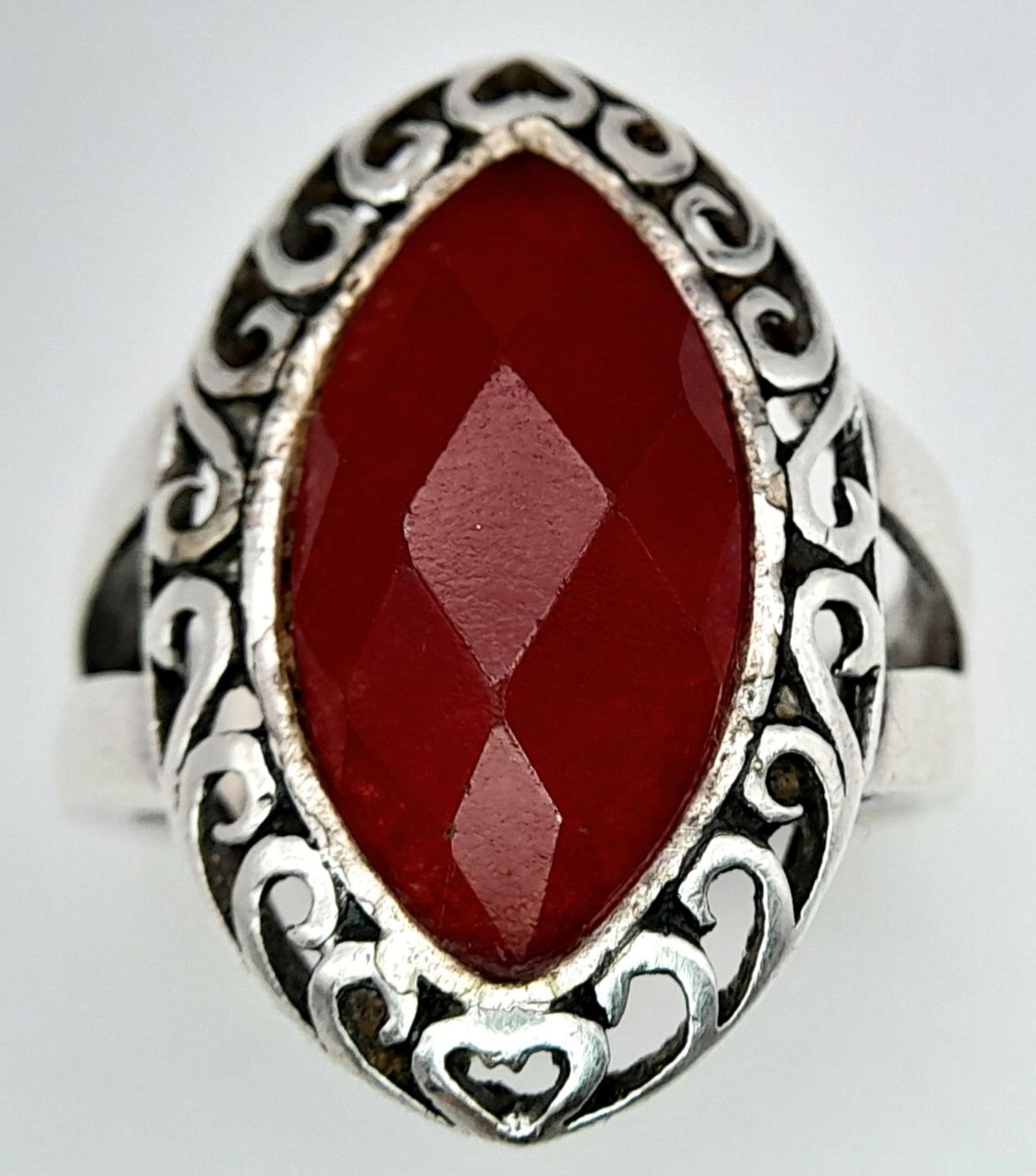 A Red Stone on 925 Silver Ring. Size P, 5.85g total weight. - Image 2 of 6