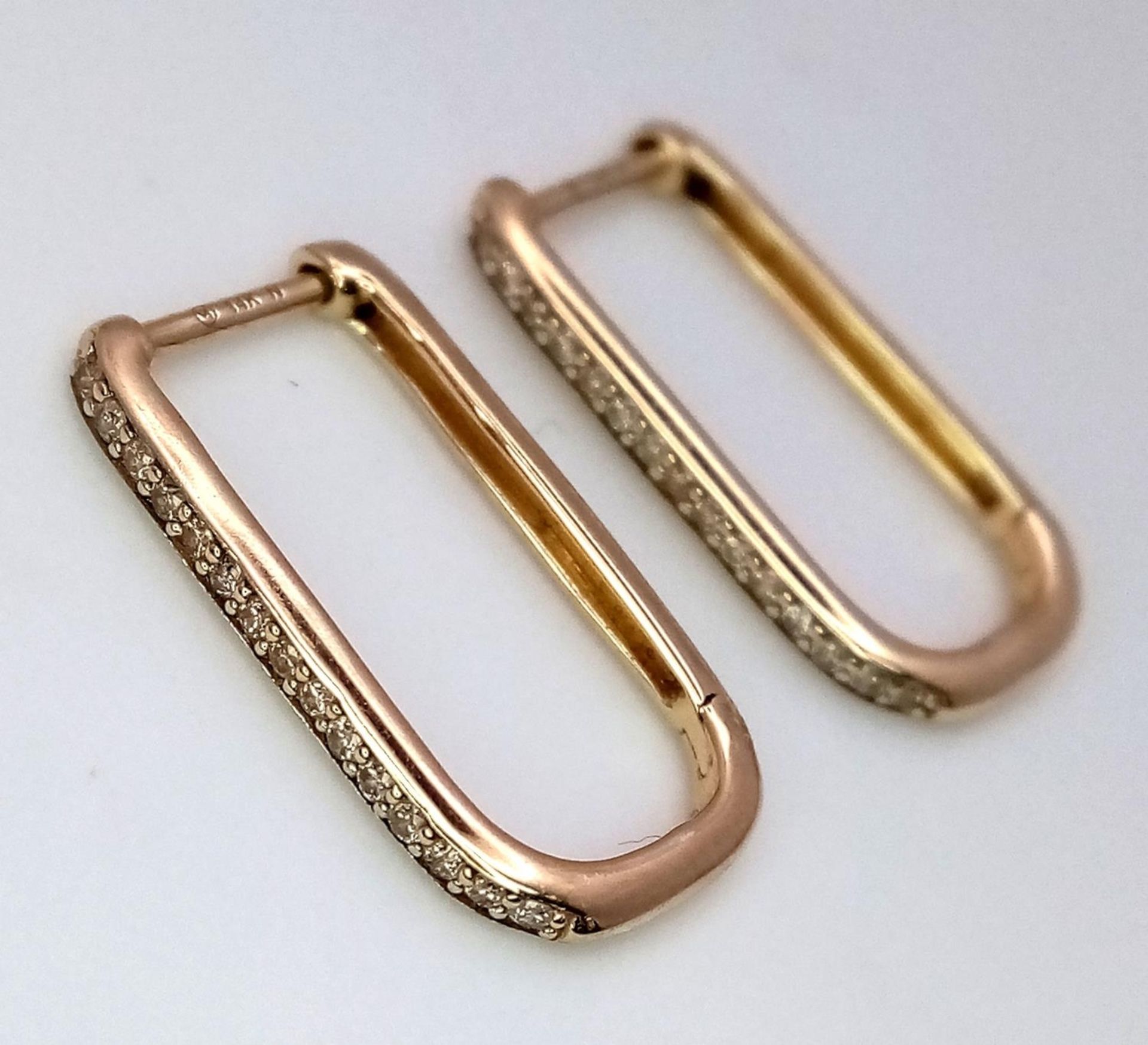 A Pair of 14K Yellow Gold and Diamond Massika Rectangular Earrings. 1.6g total weight. - Image 2 of 4