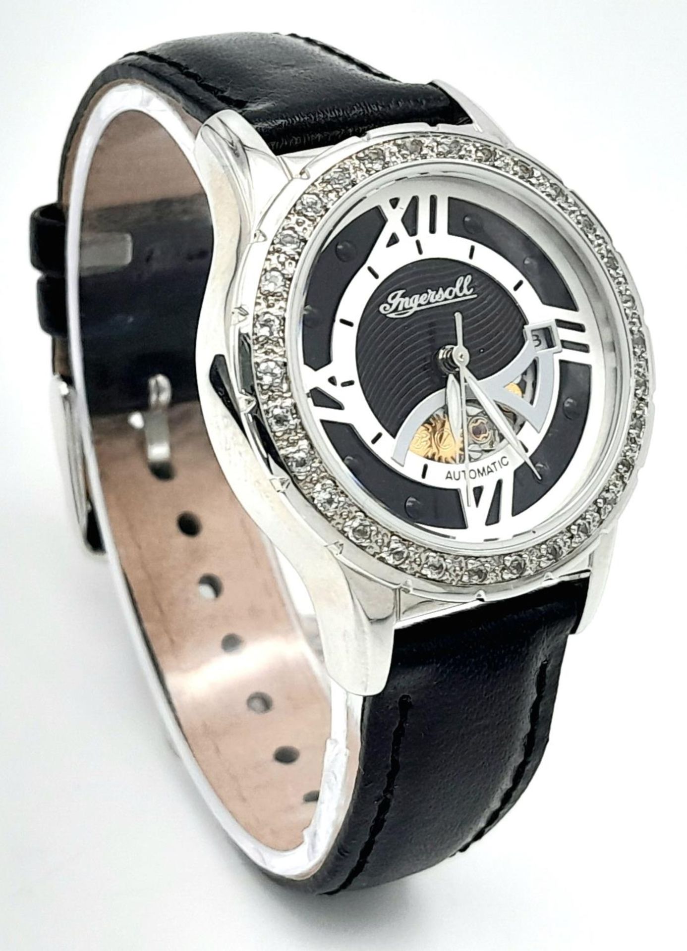 An Ingersoll Automatic Skeleton Ladies Watch. Black leather strap. Stainless steel case - 32mm. - Image 3 of 6